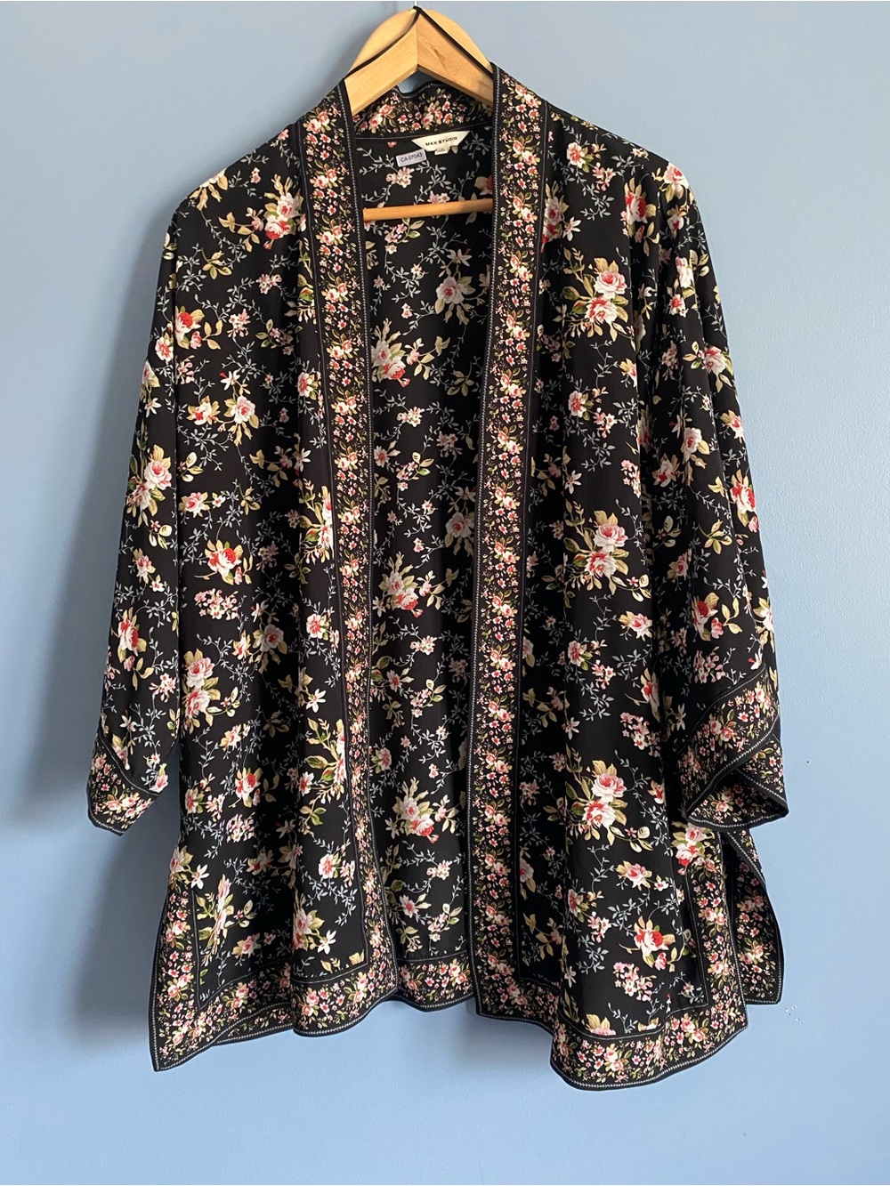 Max Studio Floral Open-Front Kimono Robe - Black